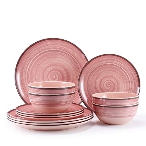 Melamin-Geschirr-Set, Teller und Schüsseln, für 4 Personen, rosa Geschirr-Sets, Melamin-Teller, Schüsseln, für den Innen- und Außenbereich, spülmaschinenfest, BPA-frei, 12-teilig von Hesinco