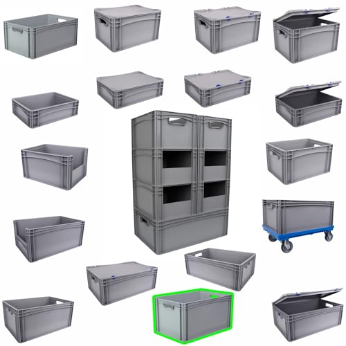 Hesselink Eurobox 60x40x32 cm, Handgriffe offen, stapelbar, 64,5 Liter, grau, lebensmittelecht, Eurobehälter kombinierbar mit Deckel von Hesselink