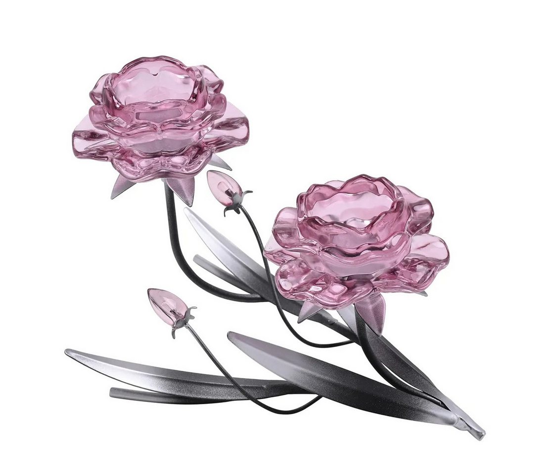 Hestia Teelichthalter Kerzenhalter Teelicht „Pink Glass Rose“ mit zwei Blüten von Hestia