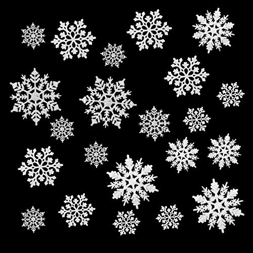 HESTYA 50 Stück Kunststoff weiße Schneeflocken Ornamente für Weihnachtsdekoration, verschiedene Größen (weißer Glitzer, 4,3, 3,0 cm) von Hestya