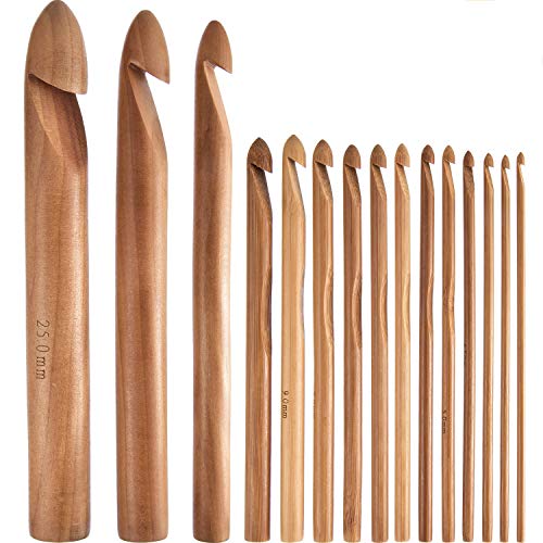 Hestya 15 Stück Holz Bambus Häkelnadeln Set Handcrafted Stricknadeln Weben Garn Handwerk, 3 bis 25 mm im Durchmesser von Hestya