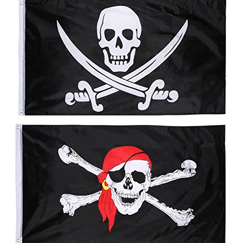 Hestya 2 Stück Jolly Roger Piraten Flagge Schädel Flagge für Piraten Party, Geburtstagsgeschenk, Piraten Tag, Halloween Dekoration, 3 x 5 Fuß von Hestya