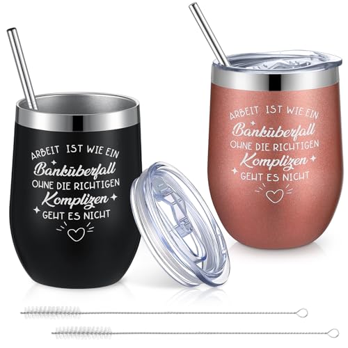 Hestya 2 Stück Thermobecher für Kollegin mit Deckel Strohhalm 12 oz Weinbecher To Go mit Spruch Arbeit Ist Wie Ein Banküberfall Kaffee Isolierbecher Danke Abschiedsgeschenk für Jobwechsel Ruhestand von Hestya
