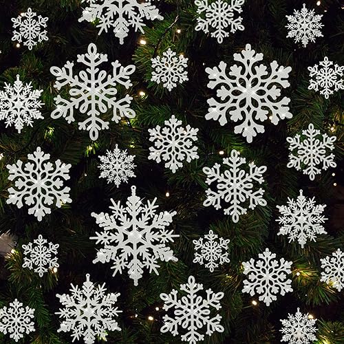 Hestya 96 Stück Große Schneeflocken Weihnachten Ornamente Glitzer Kunststoff Schneeflocken Dekorationen Hängen Christbaumschmuck Winter Deko in Unterschiedliche Größe mit Seil (Weiß) von Hestya