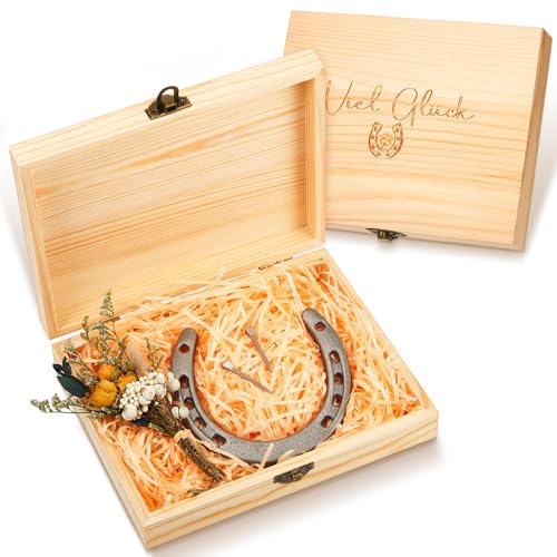 Hestya Hufeisen Glücksbringer Einweihungsgeschenk Wohnung Hochzeit Geschenk Hufeisen Deko Glückshufeisen mit Viel Glück Holzkiste Hufeisen Geschenk zum Einzug Geburtstag Richtfest Taufe von Hestya
