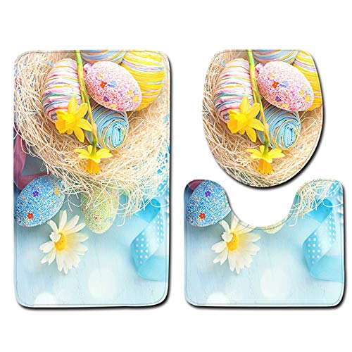 Hetangyuese Ostern Deko Badematten Set 3 Teilige Badteppich + WC-Deckelbezug + U-förmig WC-Vorleger rutschfeste Badteppiche Set Mit Hase Eier Motiv von Hetangyuese