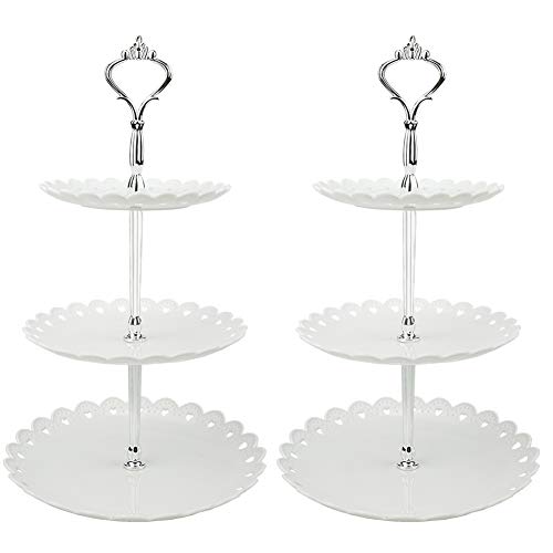 Hetoco Weiß 3-stöckig Gebäck Muffin Obst Kunststoff Kuchenständer Etagere dessert ständer Display Servierständer Cupcake Ständer für Party, Geburtstag, Hochzeit, Weihnachten （2 Stücke)-klein von Hetoco