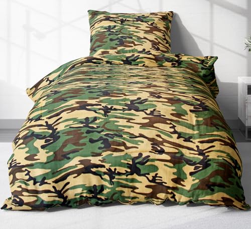 Heubergshop 2 TLG. Baumwoll Renforcé Bettwäsche 135x200cm und 80x80cm - Camouflage Tarnmuster - 100% Baumwolle (Braun, Grün, EW-200-2) von Heubergshop