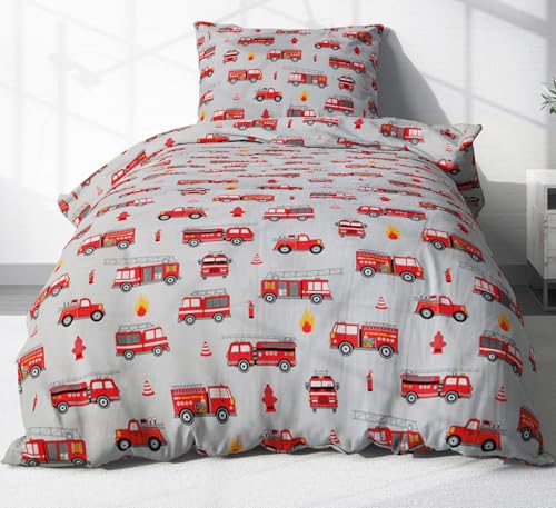 Heubergshop 2 teilige Renforcé Bettwäsche 135x200cm und 80x80cm - Feuerwehr grau rot - Kinderbettwäsche aus 100% Baumwolle, Kinder (EW-Feuerwehr-135x200) von Heubergshop