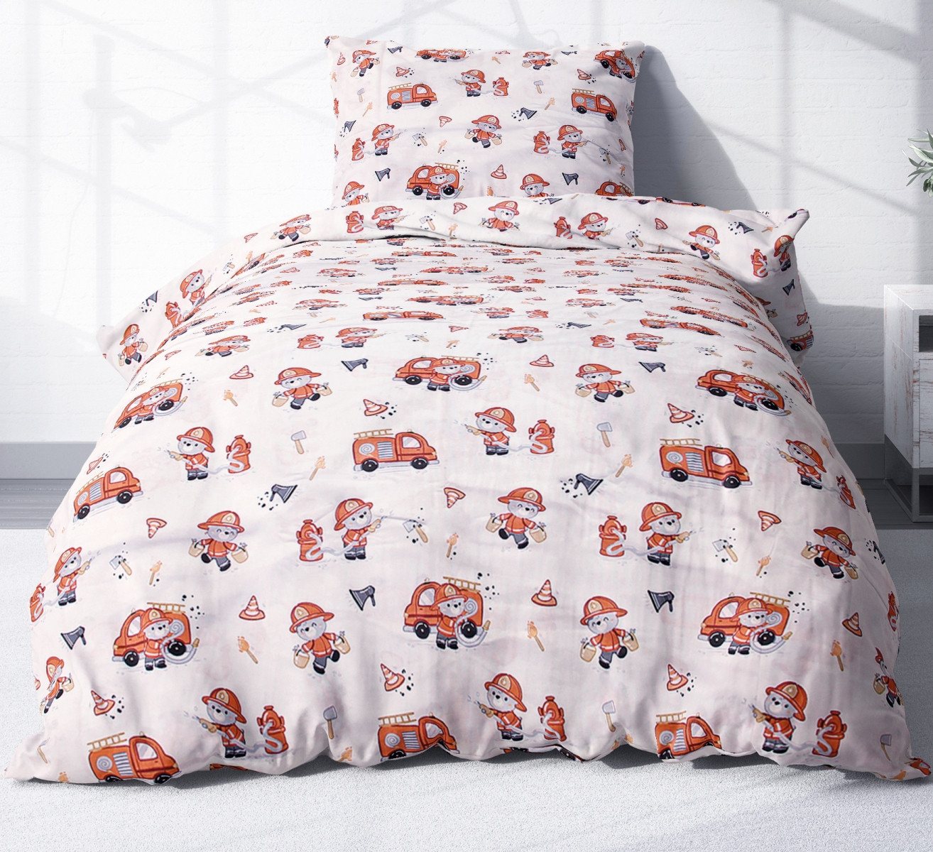 Heubergshop Kinderbettwäsche, Renforcé, 2 teilig, 135x200cm + 80x80cm Feuerwehr 100% Baumwolle Kinder (KY-Feuerwehrmann) von Heubergshop