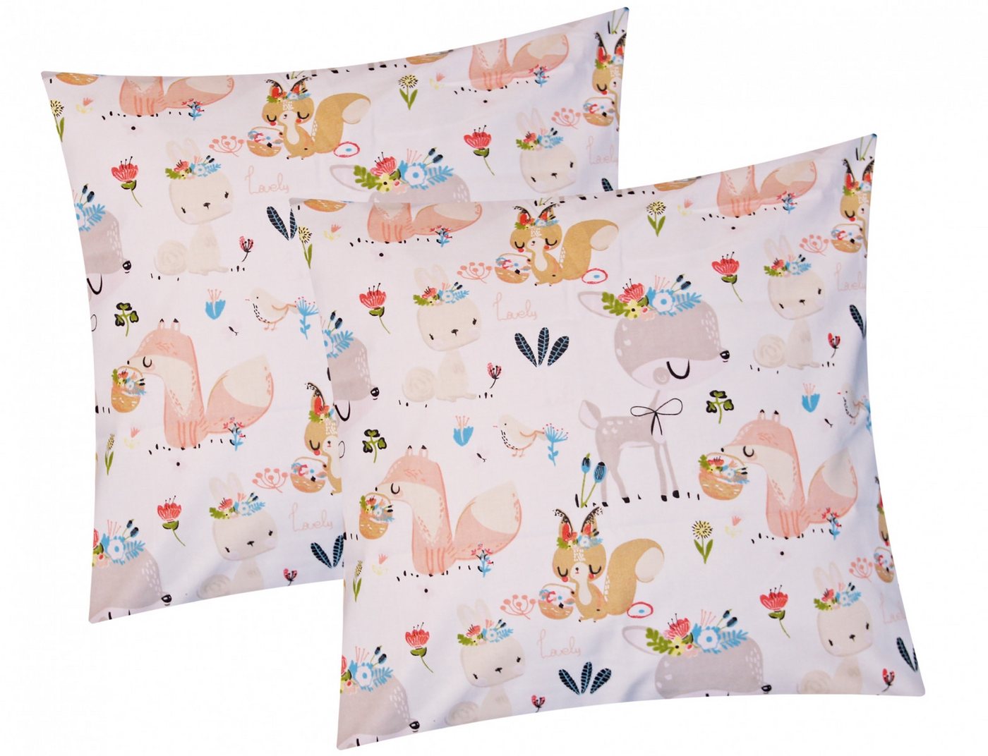 Heubergshop Kissenbezug, (2 Stück), 40x40cm Fuchs Rehe Vogel Tiere Baumwolle Kinder (KY-Rehe-Fuchs-40x40) von Heubergshop