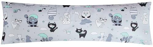 Heubergshop Renforcé Seitenschläferkissen Bezug 40x145cm - Katzen, Grau, Grün - 100% Baumwolle, Kissenbezug, Kinder (BS Katzen Grün) von Heubergshop