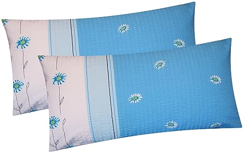 Seersucker Kissenbezug - 2er Set in 40x80cm - Blumen in Blau - Kopfkissen-Bezug, Kissenhülle, Doppelpack - 100% Baumwolle (125/4) von Heubergshop