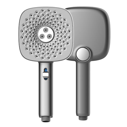 Wassersparender Duschkopf mit 4 Strahlarten & 3-Gang-Regler - Grau Hochdruck Handbrause-Sparduschkopf - Hinterer Modus-Button für Oberstrahl + Seitstrah von Heuffe