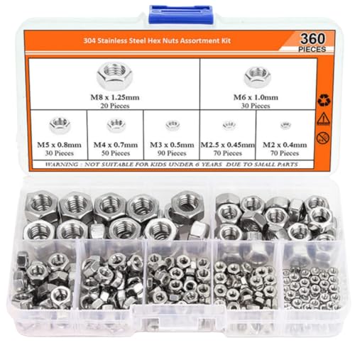 360 Stück Sechskantmuttern Sortiment Set, selbstsichernde Muttern Set, Kontermutter, Kohlenstoffstahl Kontermuttern für Schrauben, Gewinde Sechskantmutter für Schrauben, M2 M2,5 M3 M4 M5 M6 M8 von Heuskay