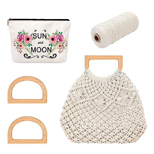 Heveer Makramee Tasche DIY Kit Boho Makramee Handtasche Making Kit Handgefertigte Strandtasche Inklusive Holzgriff und Baumwollschnur 100M für Erwachsene Anfänger von Heveer