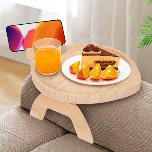 Sofa Armlehne Tablett Faltbarer mit 360° Drehbarer Handyhalterung Holz Bambus Sofa-Armlehne Tragbares Clip-On-Tablett für Fernsteuerung Telefon Getränke Snacks von Heveer