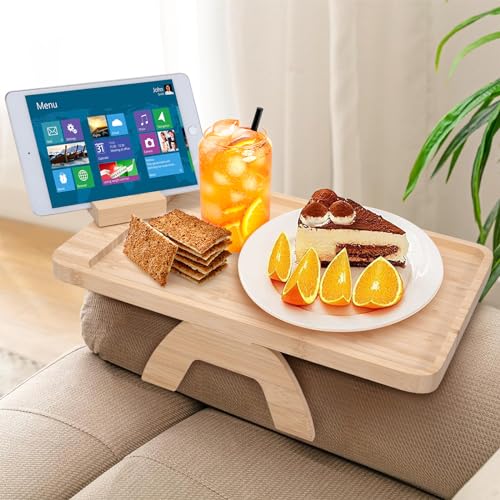 Sofa Armlehne Tablett Faltbarer mit 360° Drehbarer Handyhalterung Holz Bambus Sofa-Armlehne Tragbares Clip-On-Tablett für Fernsteuerung Telefon Getränke Snacks von Heveer