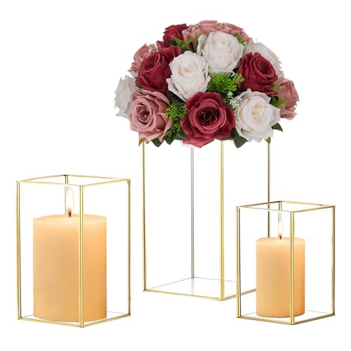 Windlicht Gold Wohnzimmer Laterne Deko: Hewory 3er Set Windlicht Groß Metall Goldene Windlichter Glas Kerzenständer für Tischdeko Tafelaufsatz Hochzeit Deko Esszimmer von Hewory