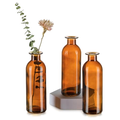 Bernstein Kleine Vasen für Tischdeko: Hewory 3er Braun Kleine Glasvasen Deko Vasen Set, Vintage Vase Glas Blumenvase Apothekerflasche, Dekorative Kleine Flaschen für Hochzeitsdeko Party Home von Hewory