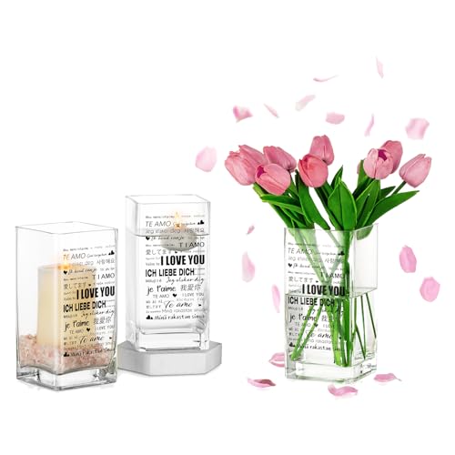 Eckige Blumenvase Geschenk für Freundin: Hewory Mordern Glasvase Deko Vasen für Partner Geschenke, Große Tulpenvase Klar Vase Glas für Hochzeitstag Geschenk Geburtstagsgeschenk Valentinstag, 3 Stück von Hewory