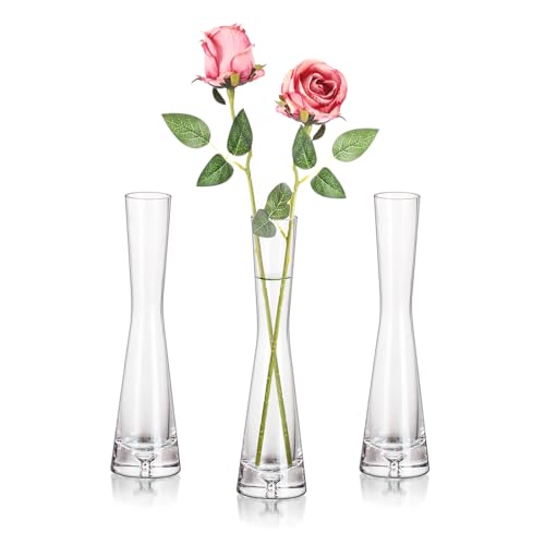 Hewory Blumenvase Modern 3er Glasvasen, 20cm Vase Schmal Vasen Glas Blumen Vase für Tischdeko, Glasvase Handmade Tulpenvase für Eine Rose für Hochzeitsdeko Tisch Deko Wohnzimmer Esstisch Startseite von Hewory