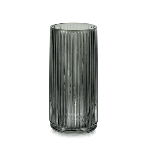 Hewory Blumenvase Glas Glasvase für Tischdeko: 20cm Große Vase Grau Vase Glas für Blume - Gerippte Glasvase Gross Dunkelgraue Blumenvase Modern für Deko Wohnzimmer Home Decor Pampasgras von Hewory