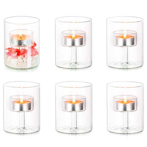 Hewory Teelichtgläser Windlicht Glas Kerzenhalter: 6er Teelichthalter Glas Kerzengläser für Teelichter, Glaszylinder Teelichtglas Set Klar Kerzenhalter Glas Für Tischdeko Wohnzimmer Hochzeit Home Deko von Hewory