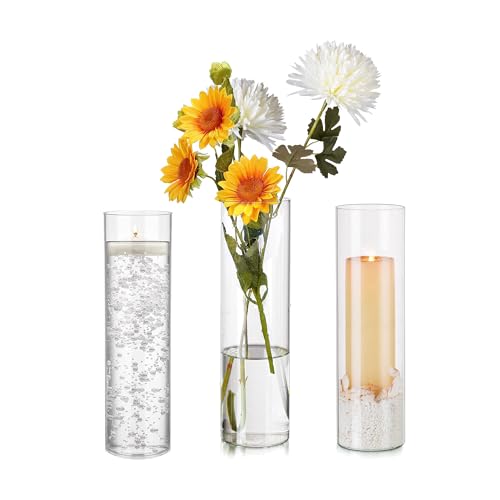 Hewory Glas Vase Groß 40cm Blumenvase, 3er Vasen Zylinder Glasvase Gross Vase für Tulpen Orchideen Rosen, Glaszylinder Windlicht Glas Kerzenhalter für Schwimmkerzen für Hochzeit Tischdeko Wohnzimmer von Hewory
