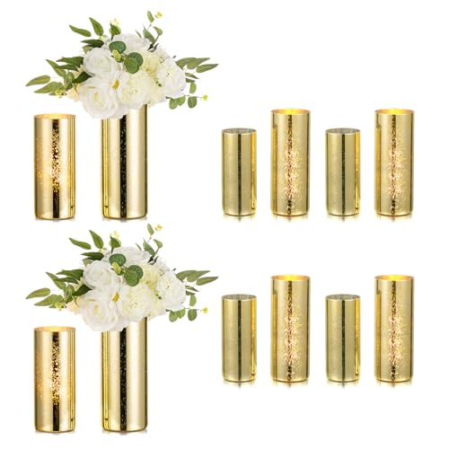 Hewory Vase Gold Blumenvase Vasen Glas, Glaszylinder Mit Boden Windlicht Glas Kerzenhalter für Schwimmkerzen, Glasvase Goldene Vase Groß Vase für Pampasgras für Wohnzimmer Hochzeit Tischdeko, 12PCS von Hewory