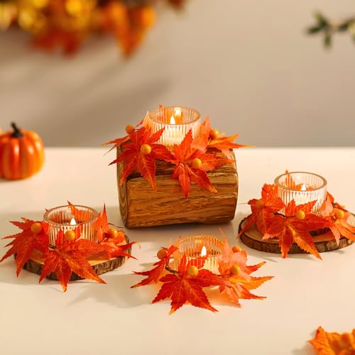 Hewory Herbstdeko Innen Teelichthalter Tischdeko: 4 Stück Herbst Dekoration Kerzenhalter Glas mit Herbst Girlande - Fall Decor Aesthetic Wohnzimmer Tisch Deko Boho von Hewory
