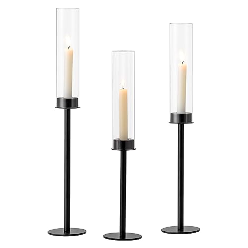 Windlicht Glas Kerzenständer Schwarz Stabkerzenhalter: 3er Glaszylinder für Stabkerzen Kerzenglas Gross Outdoor Glaszylinder mit Schwarz Kerzenhalter Stabkerze für Tischdeko Hochzeit Weihnachtsdeko von Hewory