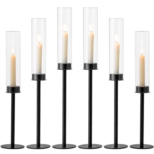 Hewory Kerzenständer Schwarz Kerzenhalter Stabkerze: 6er Tall Stabkerzenhalter mit Glaszylinder ohne Boden für Spitzkerzen, Metall Kerzenleuchter für Tischdeko Wohnzimmer Esstisch von Hewory