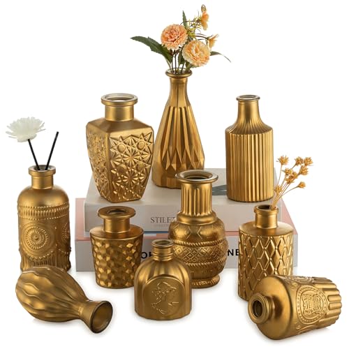 Hewory Kleine Vase Gold Tischdeko: 10er Vintage Vasen Deko Vergoldete Vasen Klein Blumenvase, Goldene Glasvase Vase Glas, Mini Vasen Set Deko Gold für Deko Wohnzimmer Hochzeitsdeko Party Home von Hewory