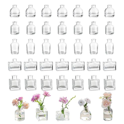 Hewory Kleine Vasen für Tischdeko: 40er Klar Mini Vasen Set Verschiedene Deko Vase Glas, Kleine Glasvasen Mini Glasflaschen Vasen Deko, Kleine Blumenvasen für Hochzeitsdeko Party Deko Wohnzimmer von Hewory