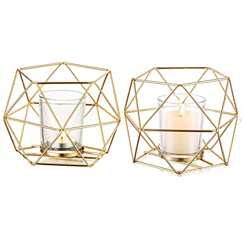 Hewory Teelichthalter Gold Kerzenhalter Metall, 2er Set Geometrisches Gold Deko Teelichthalter Glas Kerzenhalter Gold für Wohnzimmer Deko Modern Schlafzimmer Deko Hochzeit Tischdeko von Hewory