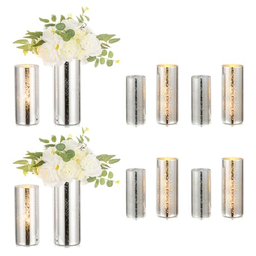 Hewory Vase Silber Blumenvase Vasen Glas, Glaszylinder Mit Boden Windlicht Glas Kerzenhalter für Schwimmkerzen, Glasvase Silber Vase Groß Vase für Pampasgras für Wohnzimmer Hochzeit Tischdeko, 12PCS von Hewory