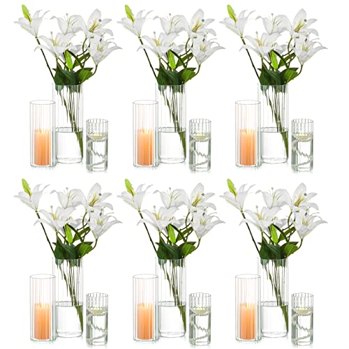Hewory Vase Windlicht Glas Blumenvase: 18er Glasvase Zylinder Vasen Set für Schwimmkerzen, Gerippt Vase Glas Kerzenhalter Glaszylinder Mit Boden für Wohnzimmer Hochzeit Tischdeko von Hewory