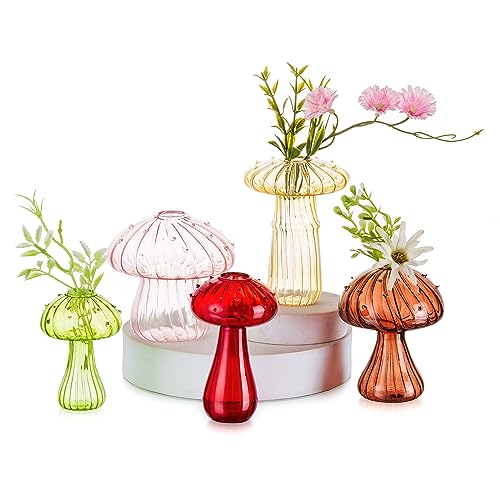 Pilz Deko Glas Vase Bunt: Hewory 5er Fliegenpilz Pilze Kleine Vasen für Tischdeko, Mini Vasen Set Glas Vasen Deko Aesthetic Vase für Wohnzimmer Modern Schlafzimmer Cottagecore Deko Mushroom Decor von Hewory