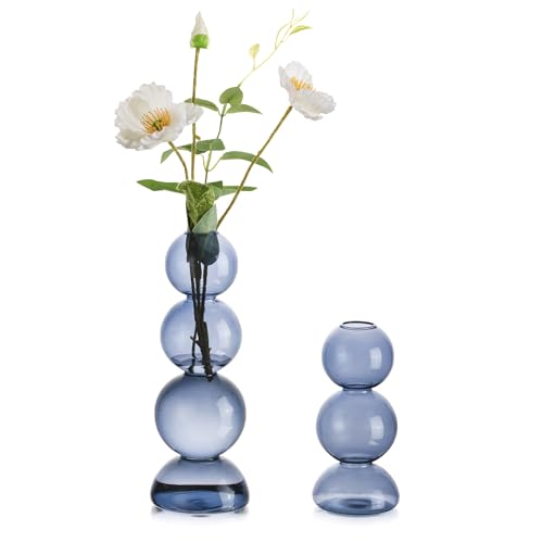 Hewory Kleine Vasen für Tischdeko: Vase Blau Bubble Vase Glas, Modern Vasen Deko Aesthetic Vasen Klein Tischdeko, Mini Vasen Set Kleine Glasvasen Rund Kugelvase für Deko Wohnzimmer Hochzeit Room Decor von Hewory