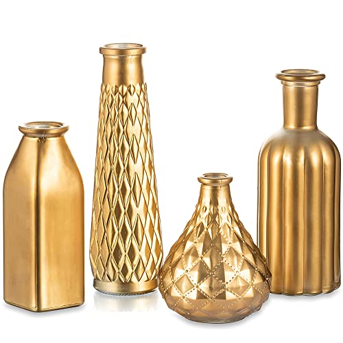 Hewory Vergoldete Glasvase Golden Vasen Klein Vase 4er Set, Modern Mini Glas Vasen Hochzeit Deko Luxus Blumenvase für Tischdeko, Kunst Kreative Geschenkideen 22cm von Hewory