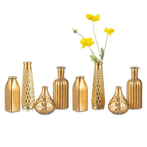 Hewory Vergoldete Glasvase Golden Vasen Klein Vase 8er Set, Modern Mini Glas Vasen Hochzeit Deko Luxus Blumenvase für Tischdeko, Kunst Kreative Geschenkideen 22cm von Hewory