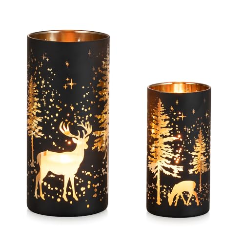 Hewory Weihnachtsdeko Schwarz Windlicht Weihnachten: 3er Set Hirsch Deko Weihnachten Tischdeko Kerzenhalter Glas Weihnachtsdekoration Innen Gold von Hewory