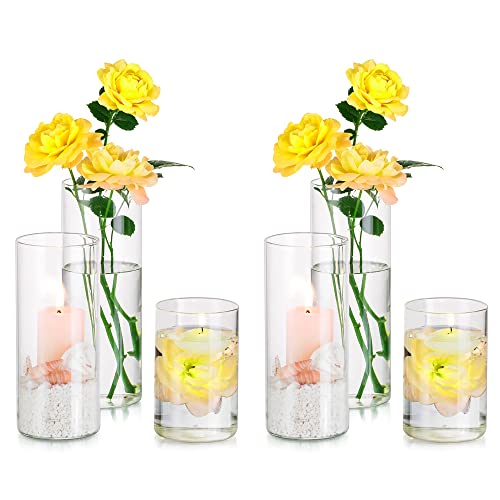 Hewory Zylinder Vase Glas Blumenvase 6er Vasen Set Windlicht Glas Kerzenhalter für Stumpenkerzen Schwimmkerzen, Klar Glasvase Glaszylinder Mit Boden für Hochzeit Tischdeko Wohnzimmer Deko, 10/15/20cm von Hewory