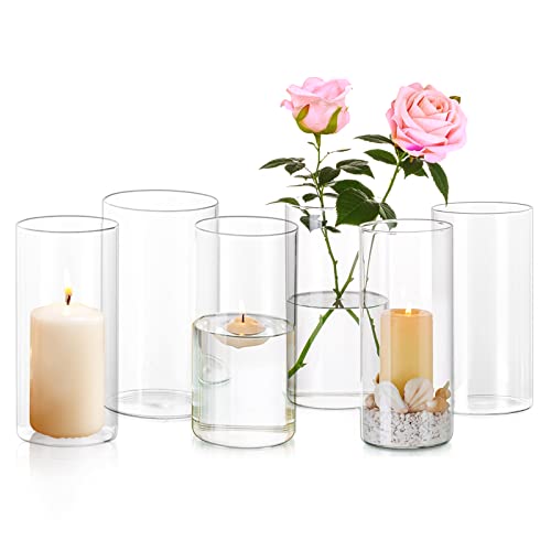 Hewory Zylinder Vase Glas Blumenvase Modern Vasen Groß Glaszylinder Mit Boden Glasvase 20cm Hoch, Windlicht Glas Kerzenhalter für Stumpenkerzen Schwimmkerzen für Wohnzimmer Hochzeit Tischdeko, 6pcs von Hewory