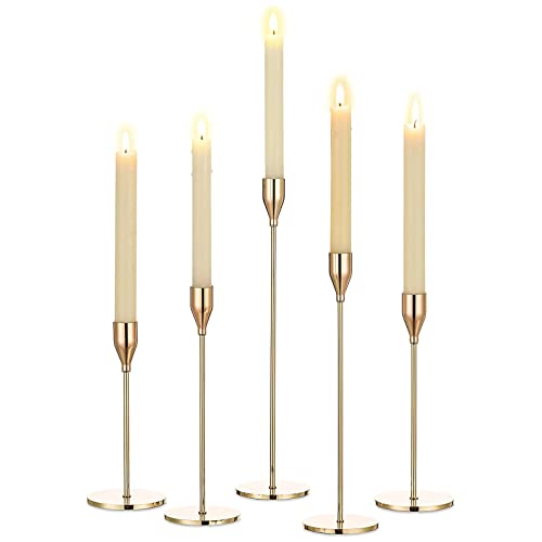 Kerzenständer Gold 5er Set, Metall Kerzenhalter Hochzeit Kerze Stand für Candlelight Dinner Jubiläum Party Deko, Vintage Kegelkerzenhalter für Tisch Dekoration von Hewory