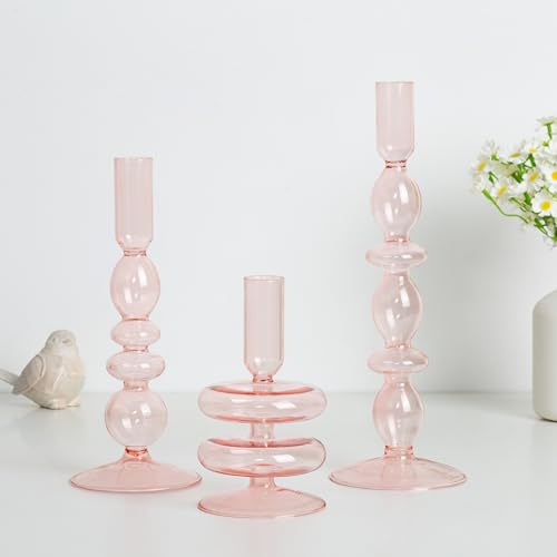 Pink Glass Rosa Kerzenhalter Glas Kerzenständer Stabkerzen: Hewory 3er Stabkerzenhalter Glas Rosa Deko Bunt Kerzenhalter für Stabkerzen Kerzenständer Glas Kerzenleuchter für Deko Wohnzimmer von Hewory