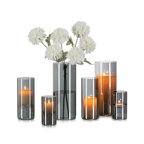 Vase Schwarz Glas Vasen Set: Hewory 6er Set Windlicht Glas Schwarze Vase Groß, Schwarze Vasen Zylinder Vase Glas Kerzenhalter Glaszylinder mit Boden, Modern Glasvase Grau für Deko Wohnzimmer, 10/15/20 von Hewory