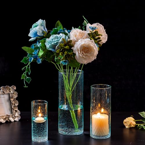 Windlicht Glas Glaszylinder für Kerzen: 3er Blau Kerzenhalter Glas Schwimmkerzen Windlichter Glas Set, Glasvase Zylinder Glaszylinder mit Boden für Tischdeko Hochzeit Event Wohnzimmer Deko von Hewory