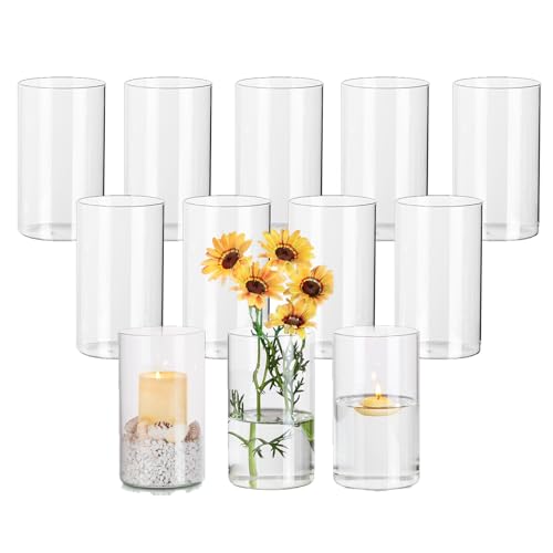 Windlicht Glas Kerzenhalter Glaszylinder für Kerzen: 12er Kerzenglas Windlichter Glas Set für Schwimmkerzen Stumpenkerzen Glasvase Zylinder für Tischdeko Hochzeit Event Wohnzimmer Deko, 15cm Höhe von Hewory